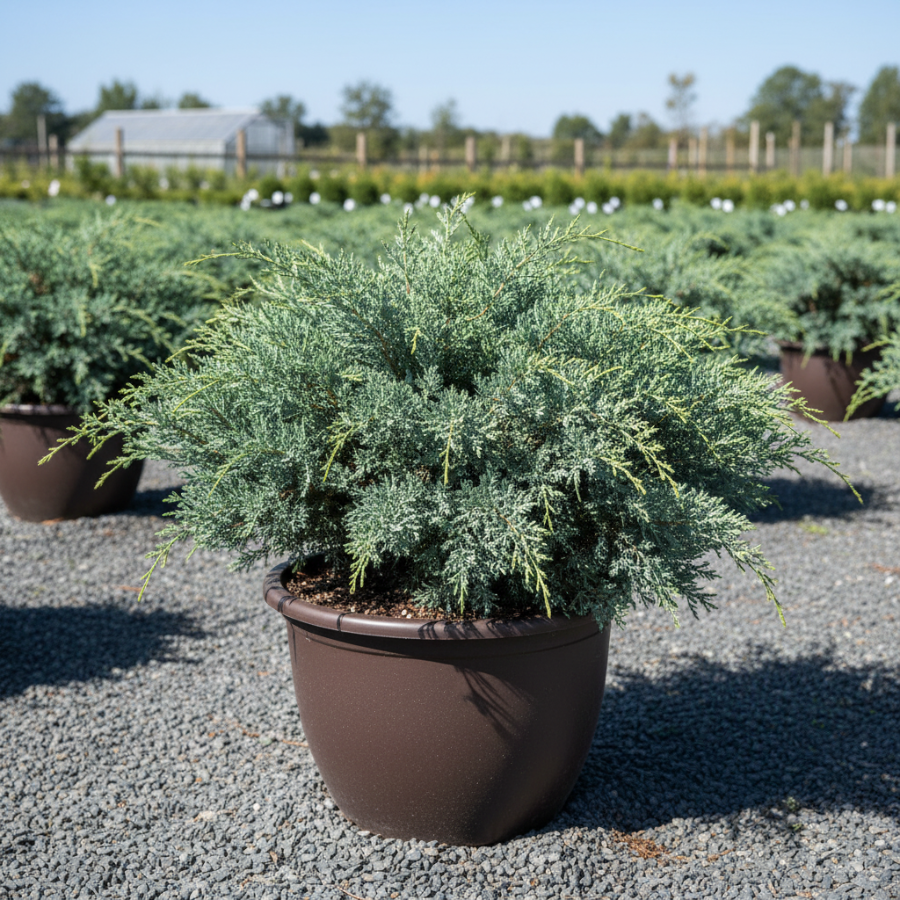 A potted Medora Juniper featuring dense blue-green foliage in a dark brown nursery pot