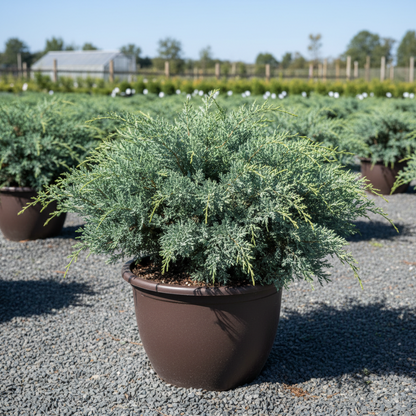 A potted Medora Juniper featuring dense blue-green foliage in a dark brown nursery pot
