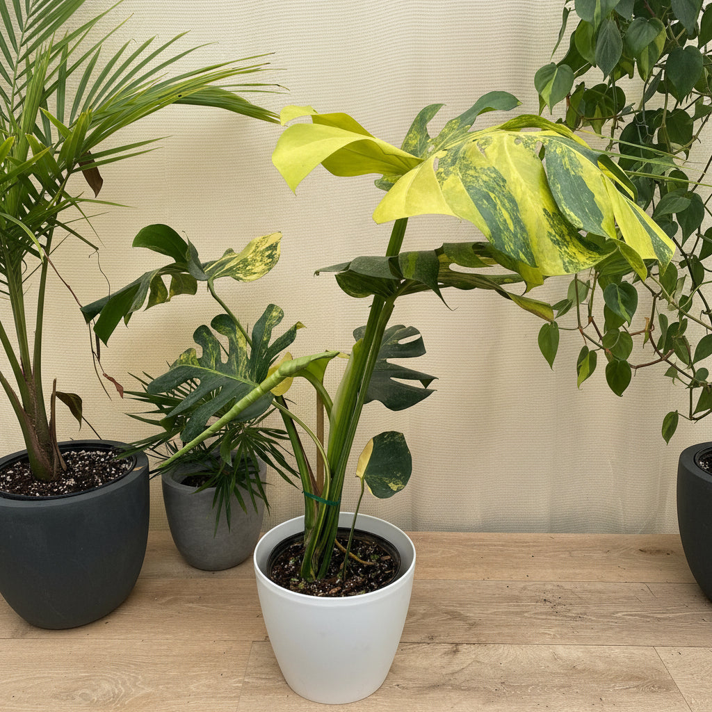 single Monstera Deliciosa Aurea Highly Variegated Rare and Exotic in a pot