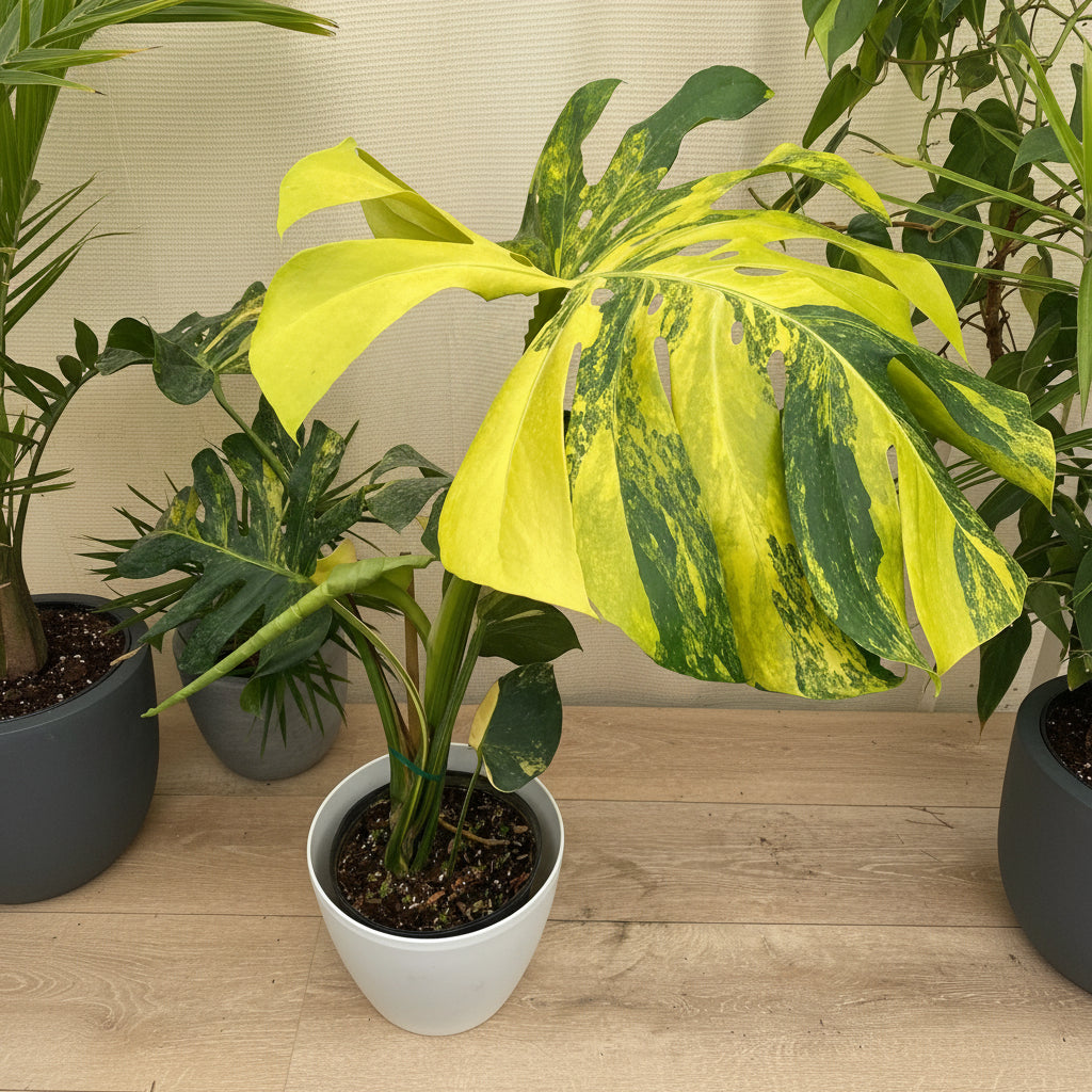 Monstera Deliciosa Aurea Highly Variegated Rare and Exotic in a white pot