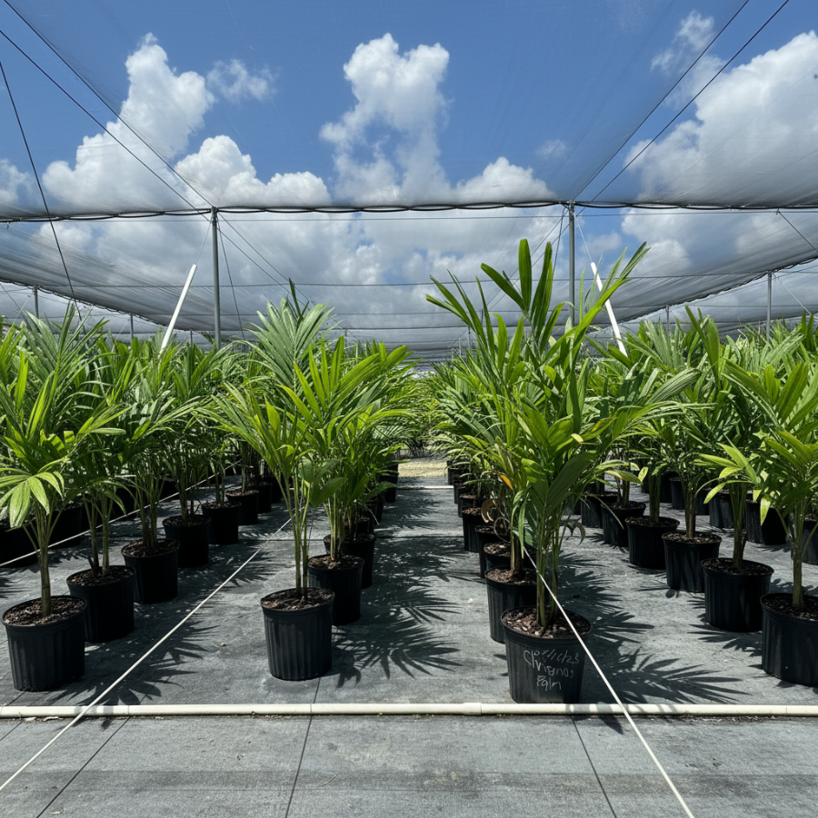 christmas palm in a black 7gal pot  Rows of green palm tree plants in black plastic pots arranged in a greenhouse or nursery under a white mesh canopy with blue sky and white clouds visible above.