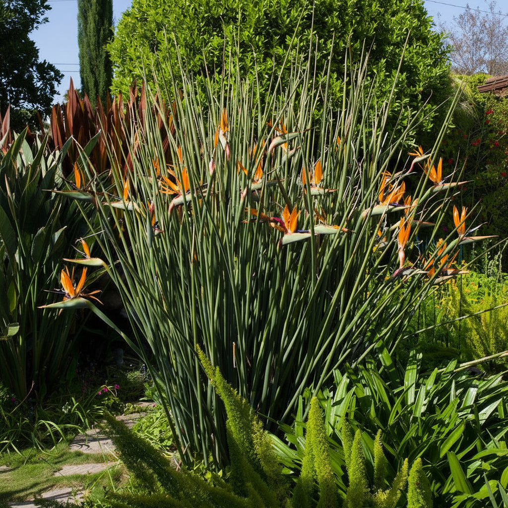 Ornamental Leafless bird of paradise with flowers bright orange and yellow petals growing among tall green leaves in a garden setting.