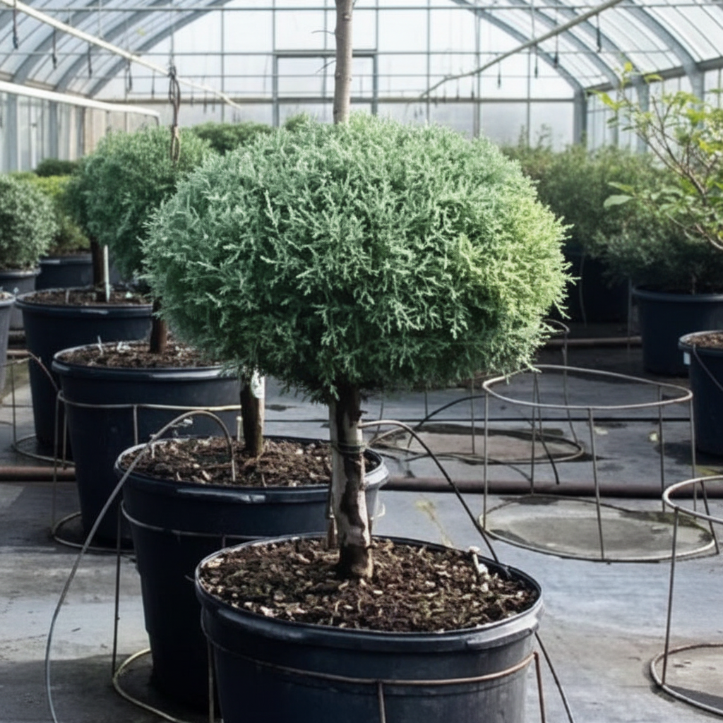 Topiary 1-Ball Blue Point Juniper Tree Form Potted tree in a greenhouse setting nursery container 5gal
