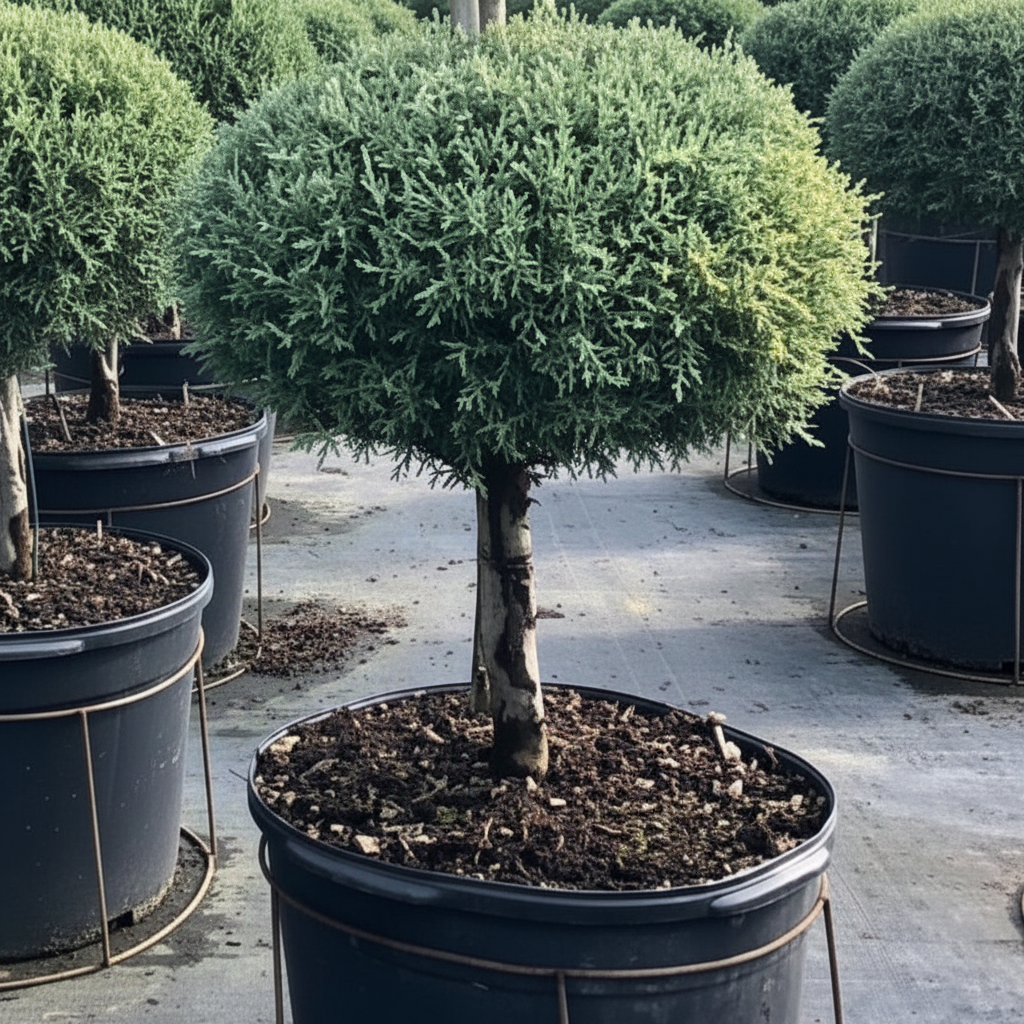 Topiary 1-Ball Blue Point Juniper Tree Form Potted tree in a greenhouse setting nursery container 5gal