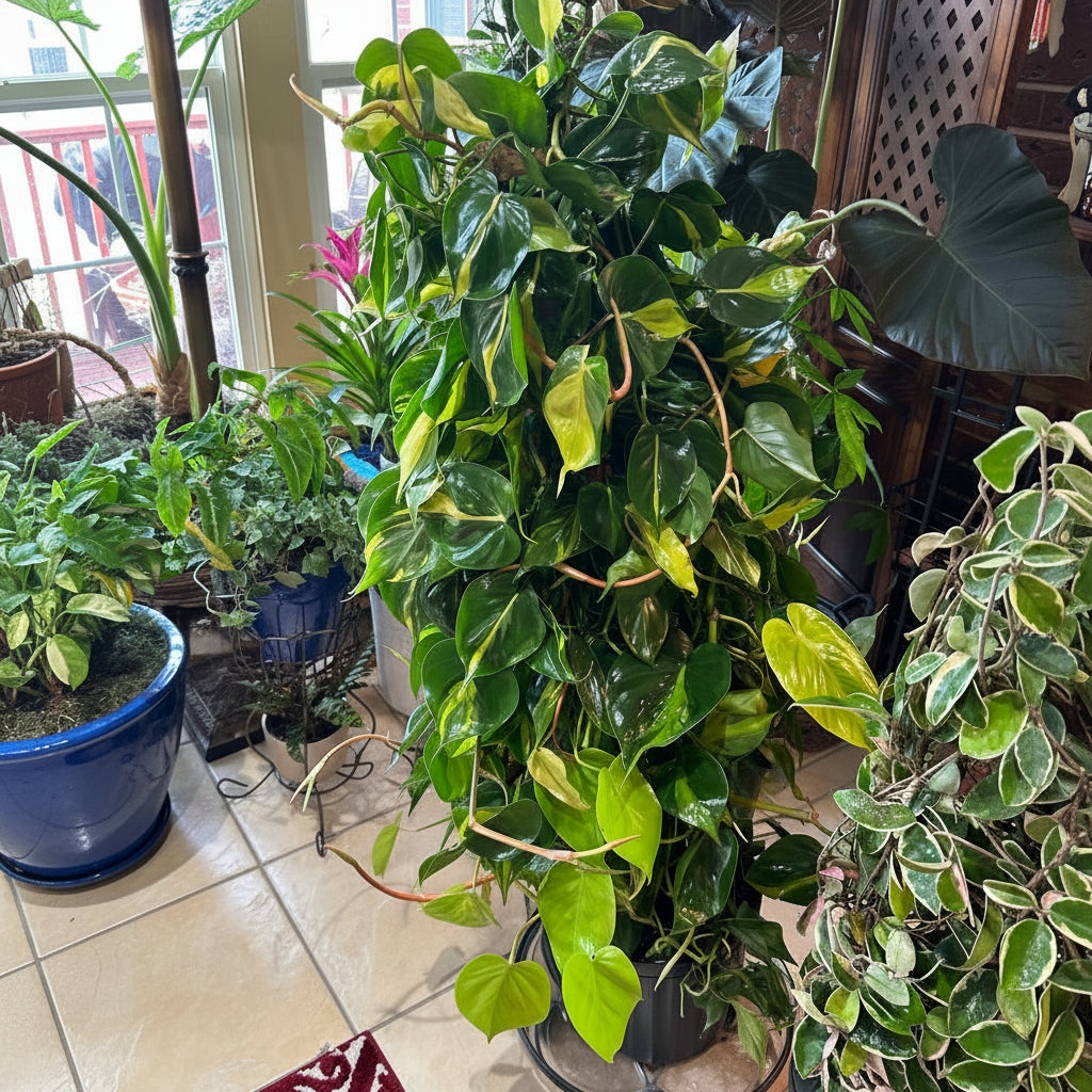 A large Philodendron Brasil climbing a support pole, featuring vibrant heart-shaped leaves with dark green edges and striking lime green and yellow center stripes, potted in a black container