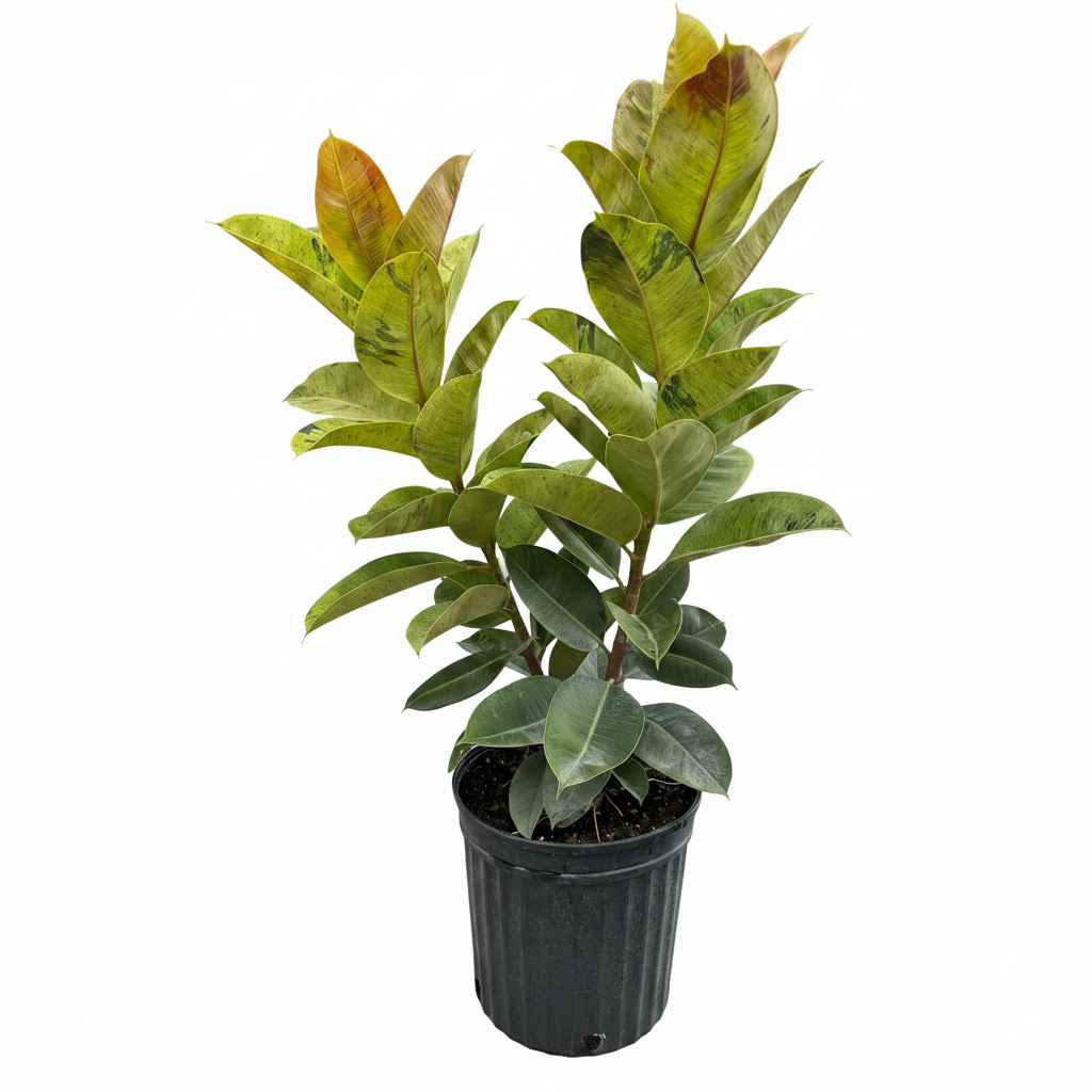 A potted variegated rubber plant (Ficus elastica) with green and reddish-yellow variegated leaves in a black plastic nursery pot, isolated on a white background.