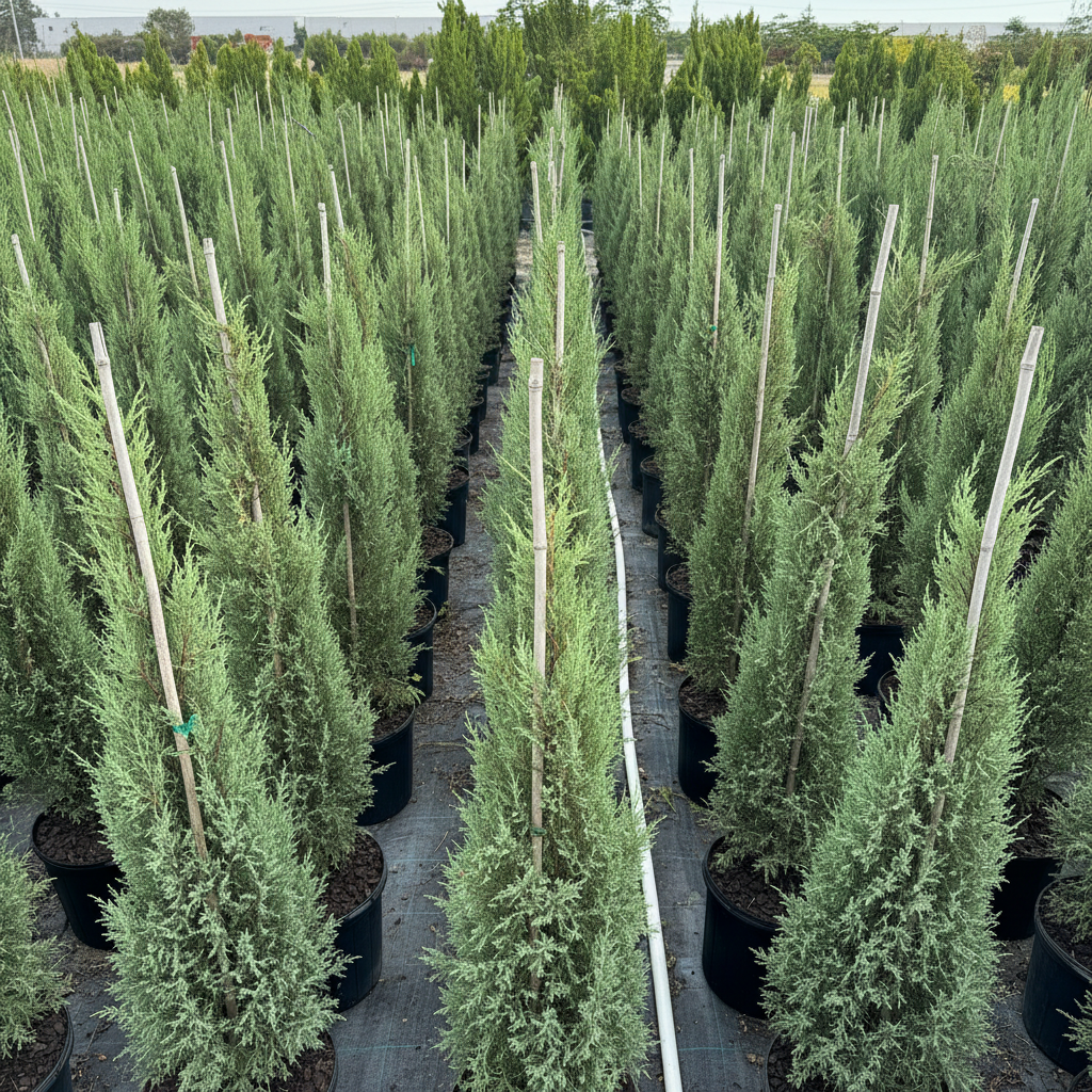 Rows of tall, slender Medora Juniper  trees with dense blue-green foliage, planted in black nursery pots