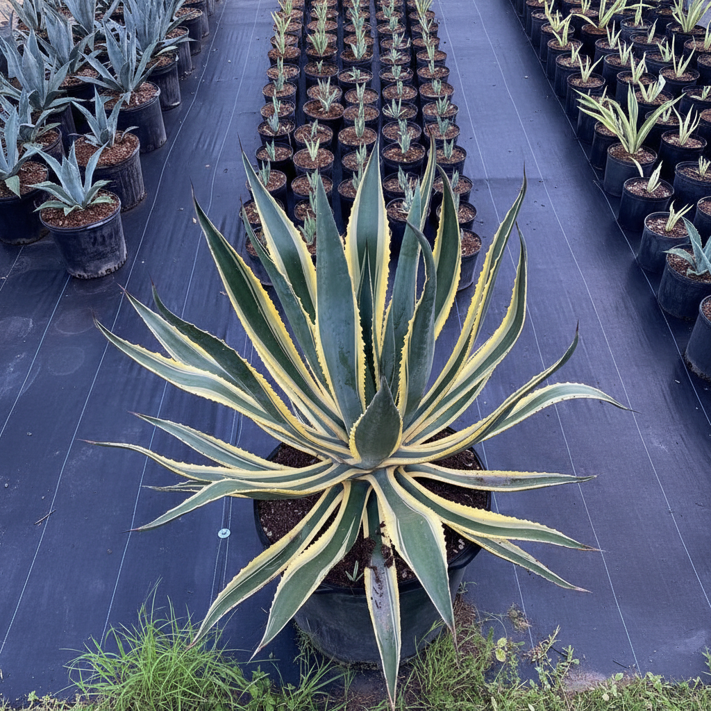 A variegated agave plant in a black nursery pot, photographed from above on a black ground cover with rows of other potted agaves in the background.
