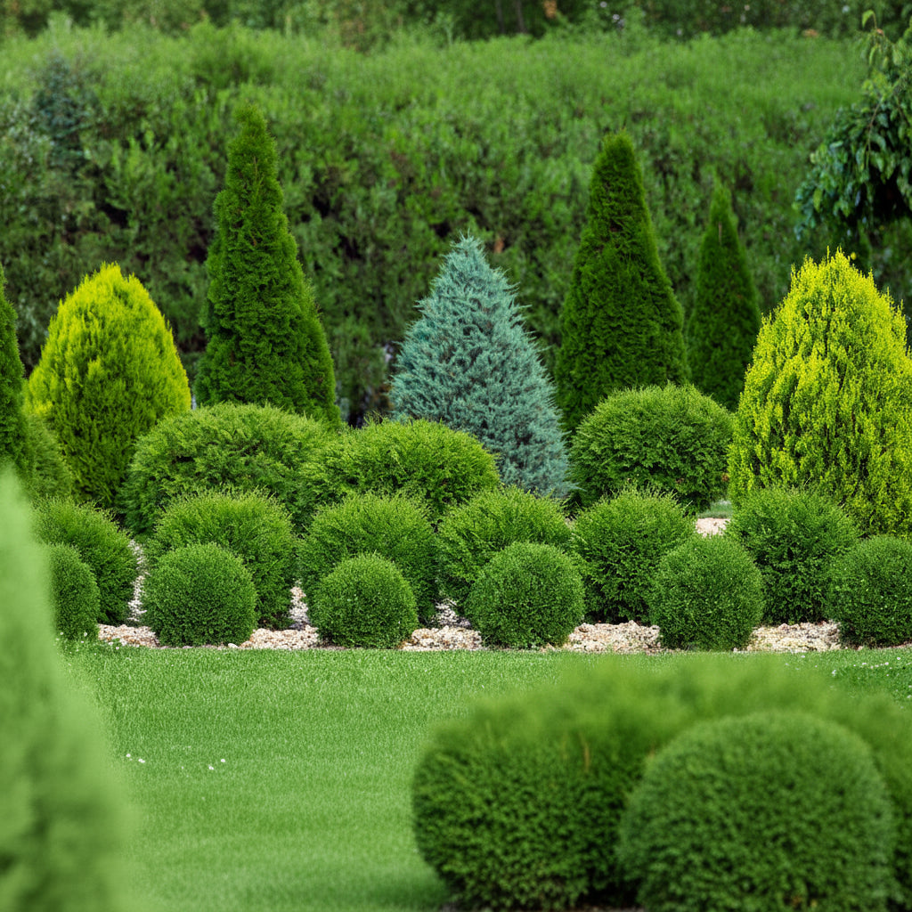 Little Giant Arborvitae Topiary Ball, False White Cedar Fully Grown Green shrub in a garden setting with other plants and rocks.