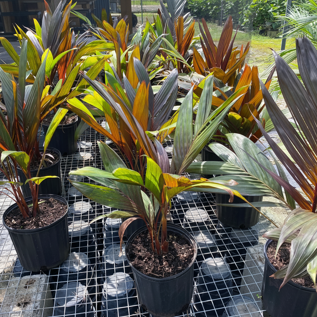 Areca Vestaria Several potted ornamental plants with long green, yellow, and reddish-brown leaves arranged on a metal grid tray outdoors.