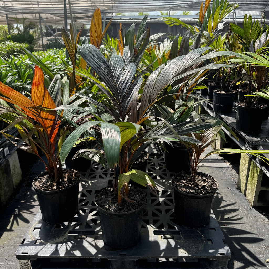 Areca Vestaria A group of potted ornamental plants with variegated green, silver, and orange leaves, growing in black plastic pots on a greenhouse deck.