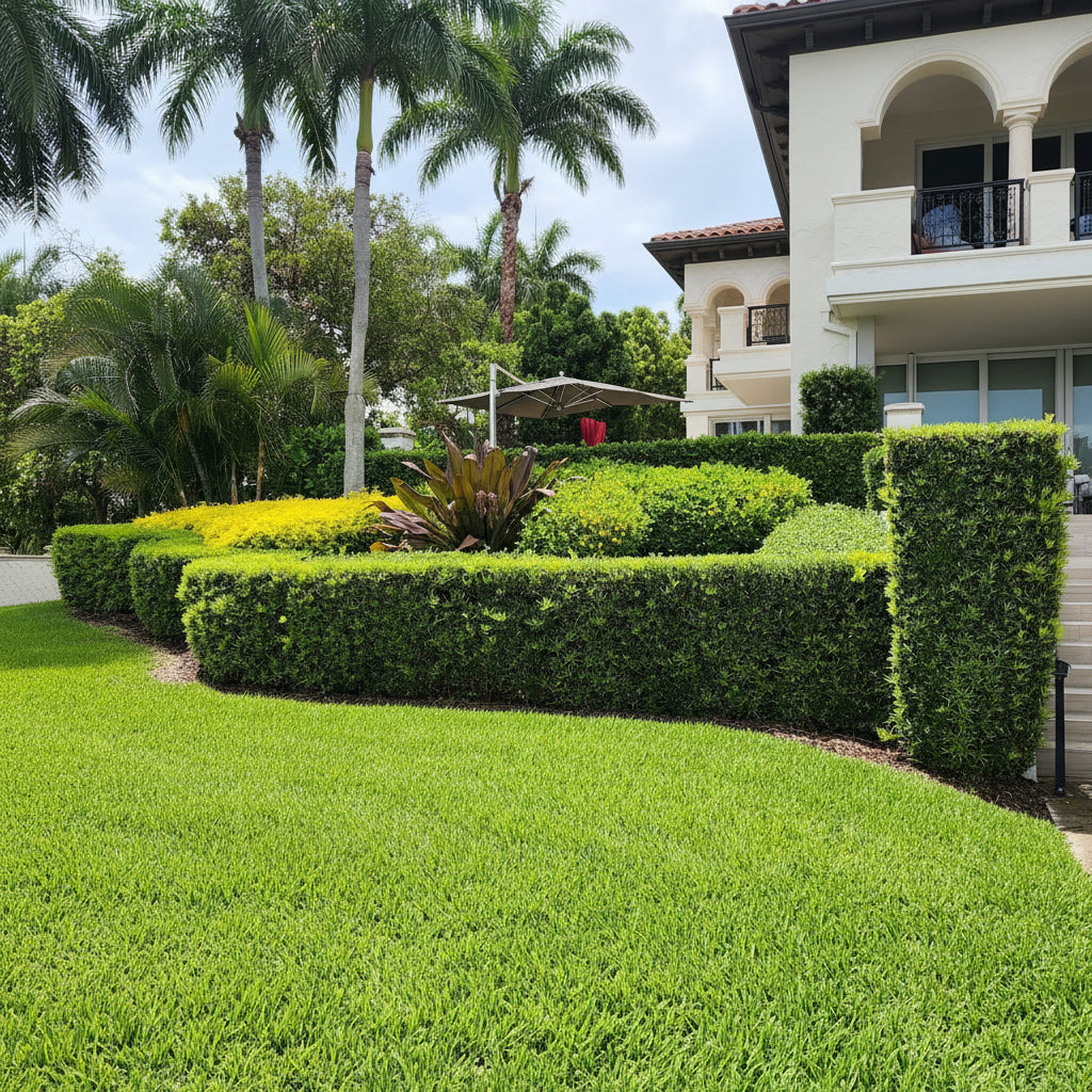 A scenic landscape view featuring a well-manicured green lawn with concrete pathways in the foreground, backed by a dense dark green