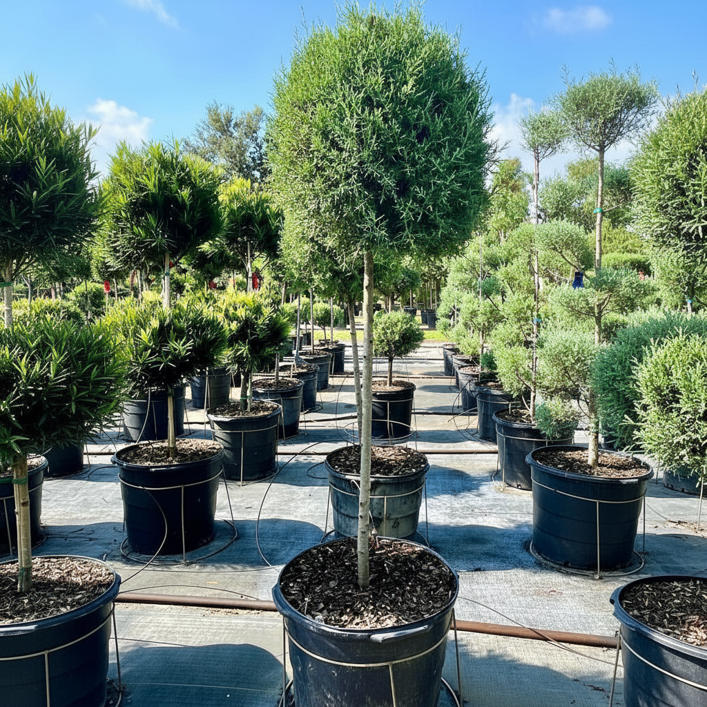 Topiary 1-Ball Blue Point Juniper Tree Form Potted tree in a greenhouse setting nursery container 5gal