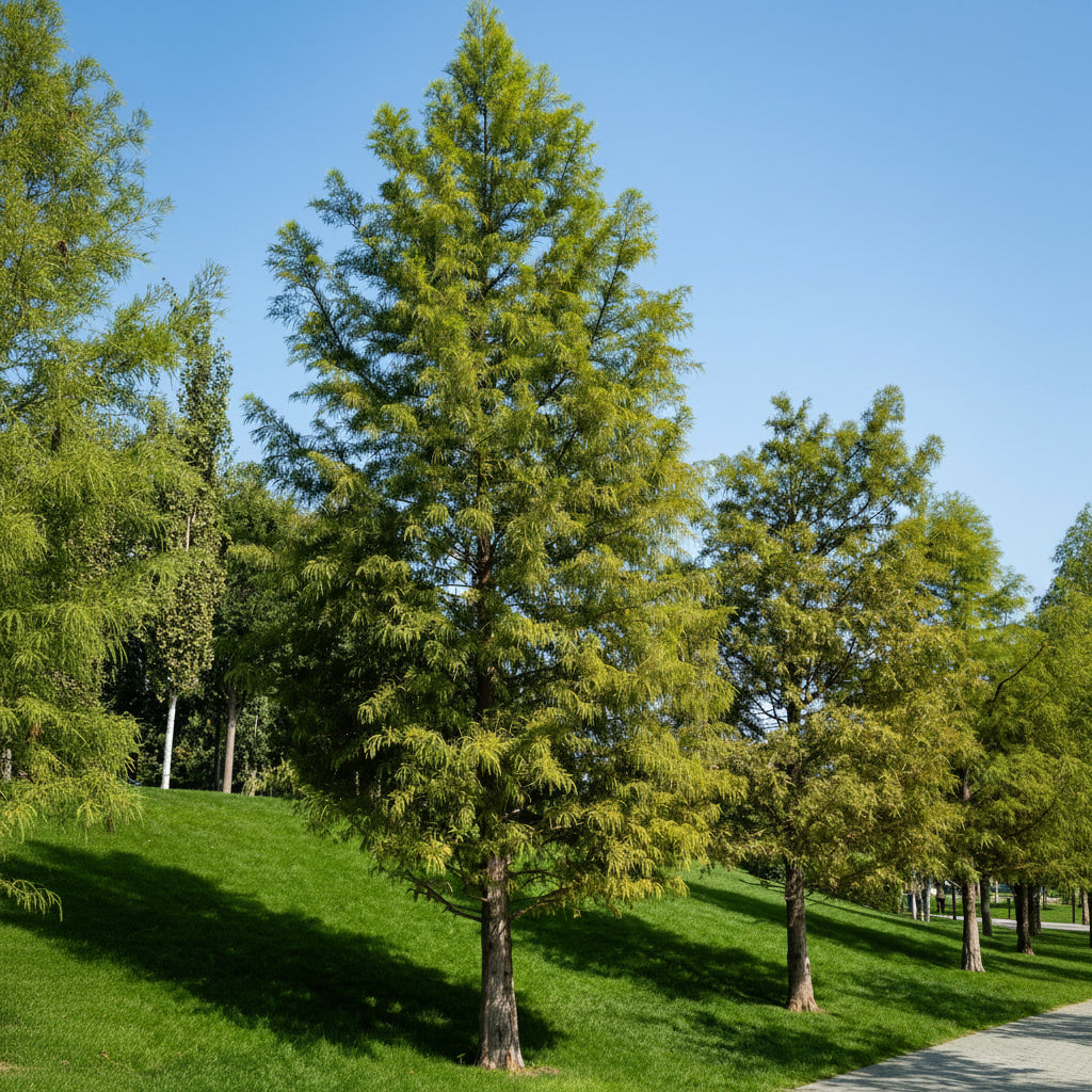 Bald Cypress, Shade Tree, Taxodium Distichum full grown in park