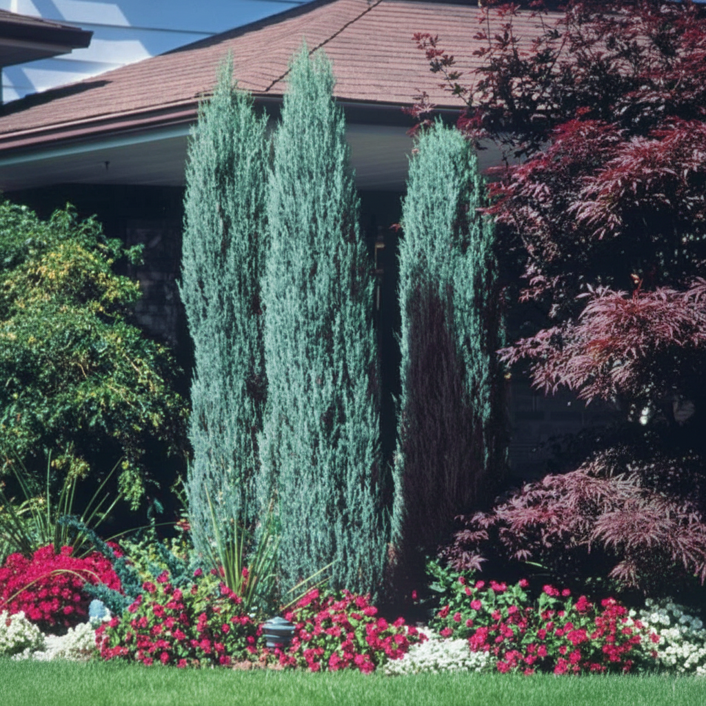 A Moonglow Rocky Mountain Juniper featuring dense, upright, silvery-blue foliage and a naturally pyramidal shape