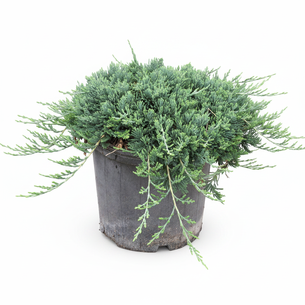 Blue rug juniper A small evergreen shrub with dense blue-green foliage in a dark gray nursery pot, photographed against a plain white background.