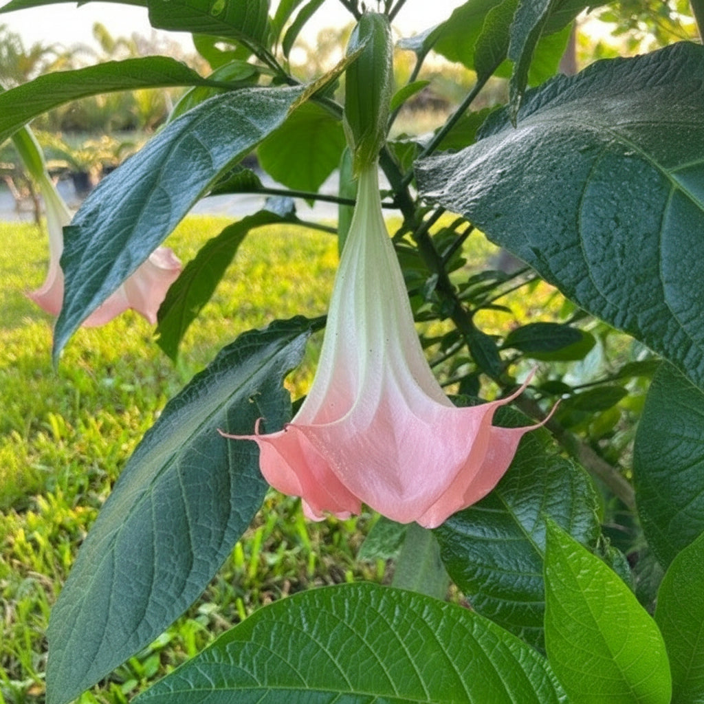 A close-up view of large, pendulous pink and white trumpet-shaped flowers blooming