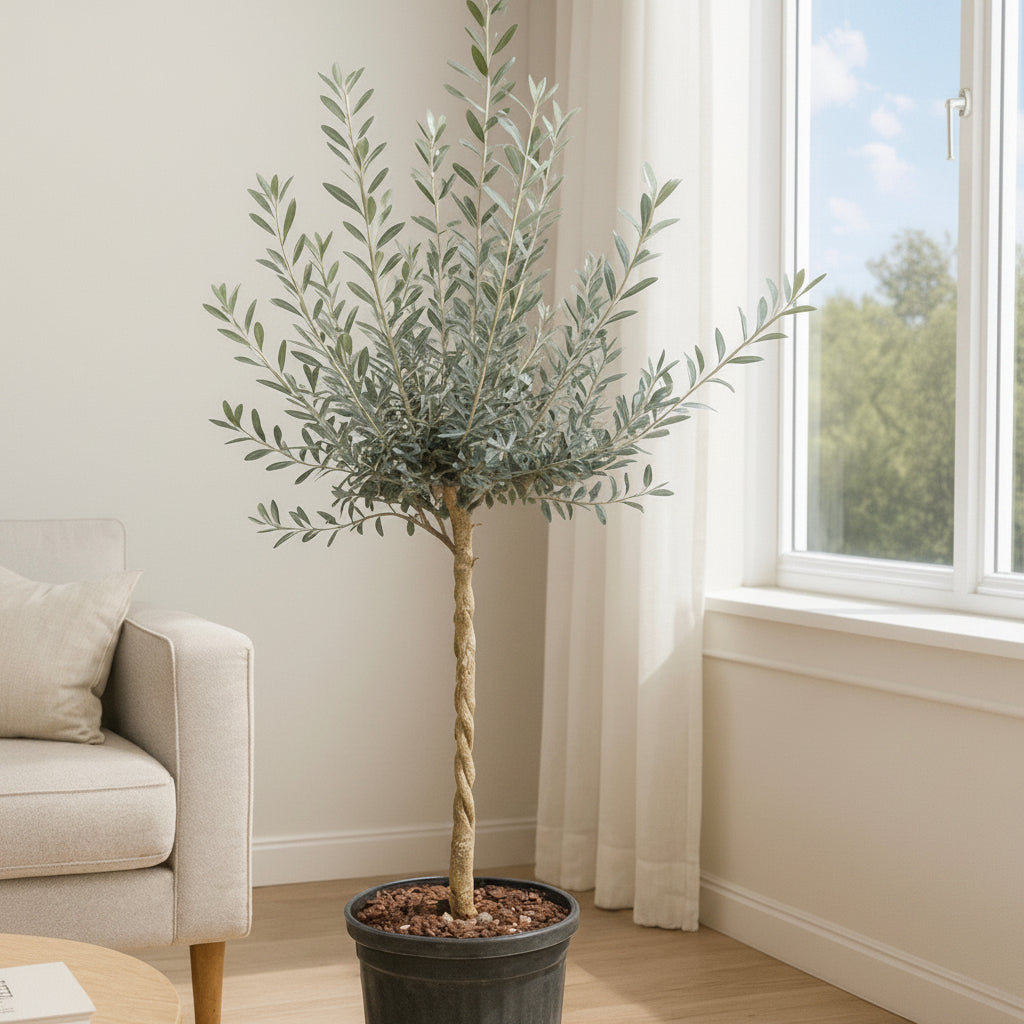 Braided Olive Tree Olea Europaea Potted living room with a window and sofa background