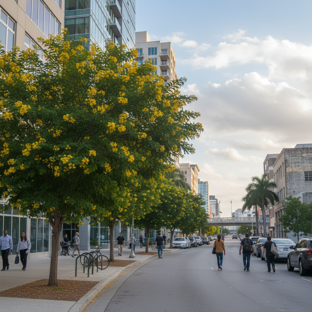 A wide city street lined with tall buildings and rows of trees with bright yellow flowers. Pedestrians walk along the sidewalk and road, with parked cars on both sides under a partly cloudy sky.