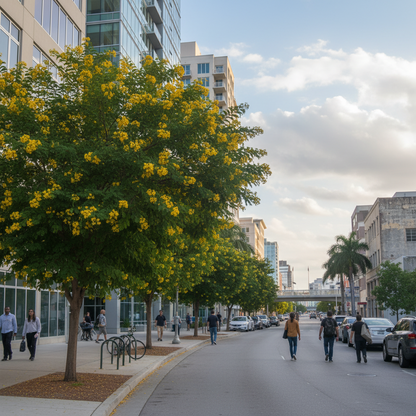 A wide city street lined with tall buildings and rows of trees with bright yellow flowers. Pedestrians walk along the sidewalk and road, with parked cars on both sides under a partly cloudy sky.