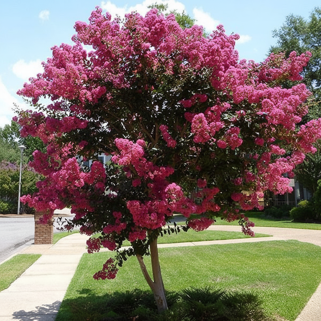 Mature Crape Myrtle Flowering Tree Purple, featuring a magnificent canopy completely covered in vibrant, bright pink blooms and lush foliage, standing prominently in a beautifully landscaped outdoor garden setting with a manicured green lawn, ideal as a stunning summer-blooming focal point and vibrant landscape feature.
