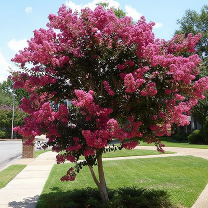 Mature Crape Myrtle Flowering Tree Purple, featuring a magnificent canopy completely covered in vibrant, bright pink blooms and lush foliage, standing prominently in a beautifully landscaped outdoor garden setting with a manicured green lawn, ideal as a stunning summer-blooming focal point and vibrant landscape feature.