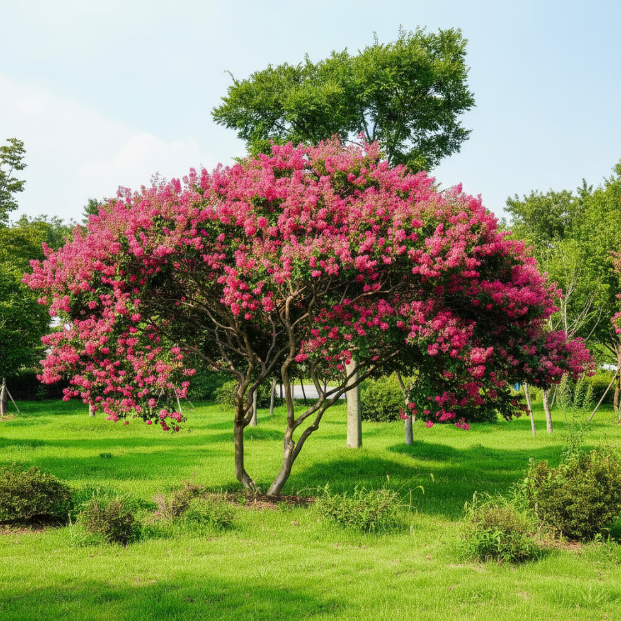 Mature Crape Myrtle Flowering Tree Purple, featuring a magnificent canopy completely covered in vibrant, bright pink blooms and lush foliage, standing prominently in a beautifully landscaped outdoor garden setting with a manicured green lawn, ideal as a stunning summer-blooming focal point and vibrant landscape feature.