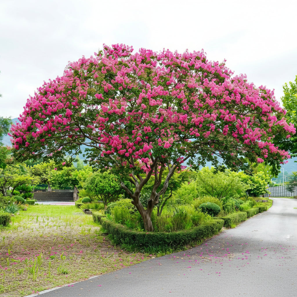 Full grown Crape Myrtle Flowering Tree with dense seasonal blooms and mature branching canopy, showing full grown landscape appearance ideal for luxury outdoor properties.