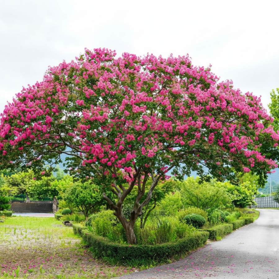 Mature Crape Myrtle Flowering Tree Purple, featuring a magnificent canopy completely covered in vibrant, bright pink blooms and lush foliage, standing prominently in a beautifully landscaped outdoor garden setting with a manicured green lawn, ideal as a stunning summer-blooming focal point and vibrant landscape feature.