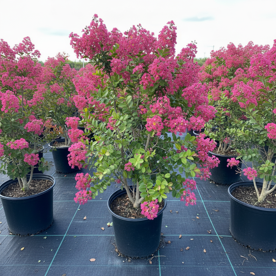 A potted flowering crape myrtle shrub with dense clusters of bright pink blossoms and green leaves, shown in a black nursery pot on a black grid floor with other similar plants in the background.