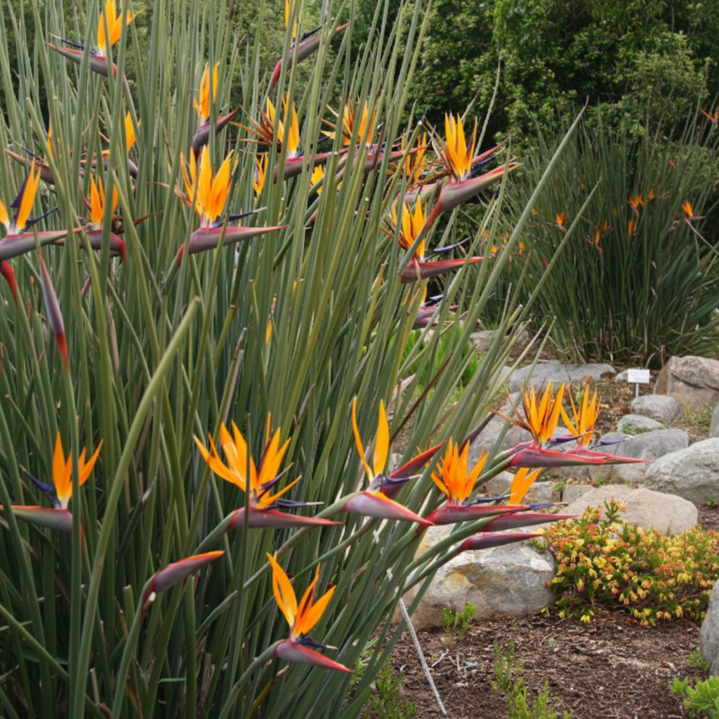 Ornamental Leafless bird of paradise with flowers bright orange and yellow petals growing among tall green leaves in a garden setting.