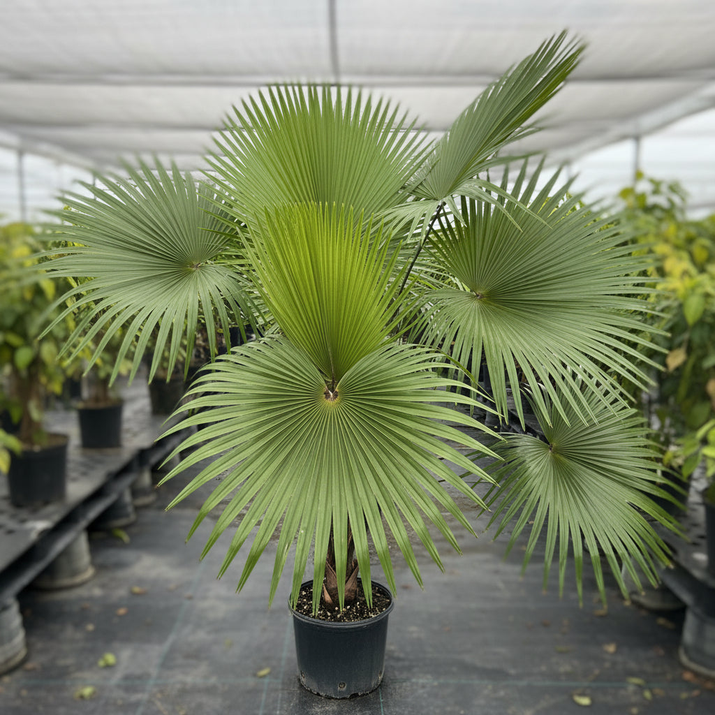 A large, potted Livistona Roundleaf Fan Palm with bright green, circular pleated leaves sitting in a greenhouse.