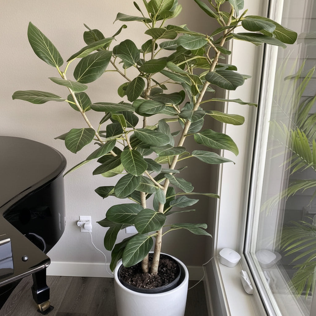 A potted Ficus Audrey Bush Form plant sitting indoors next to a large window.