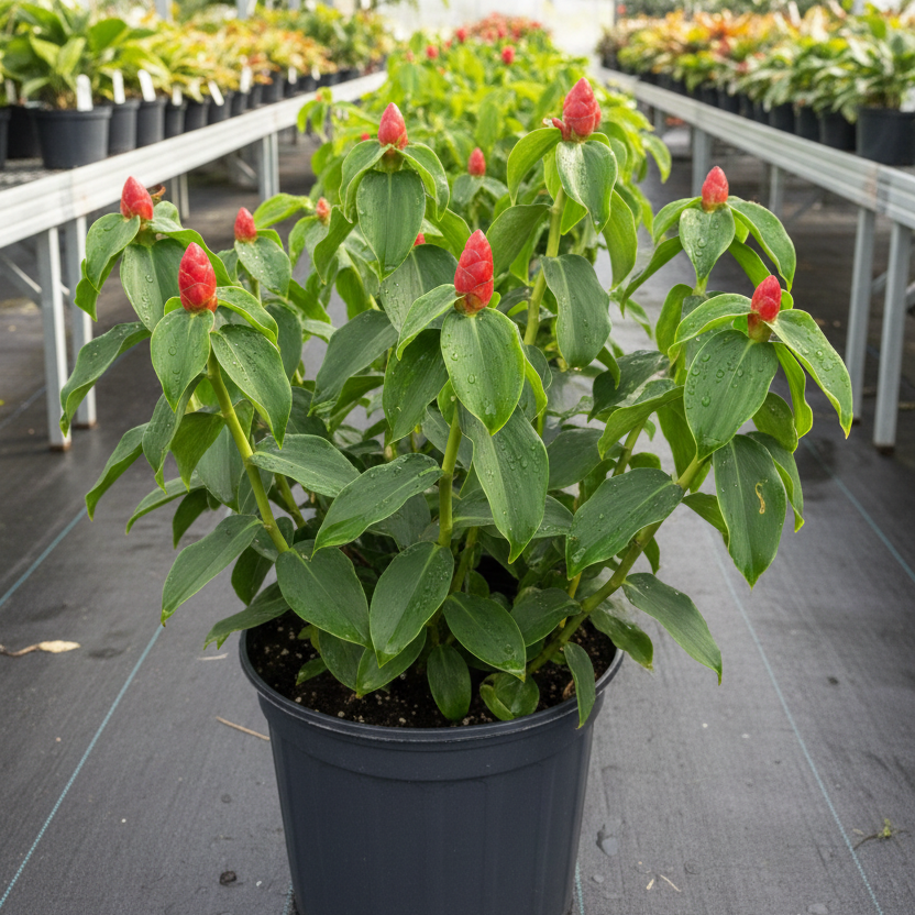 Potted Red Button Ginger plant with bright red flowers