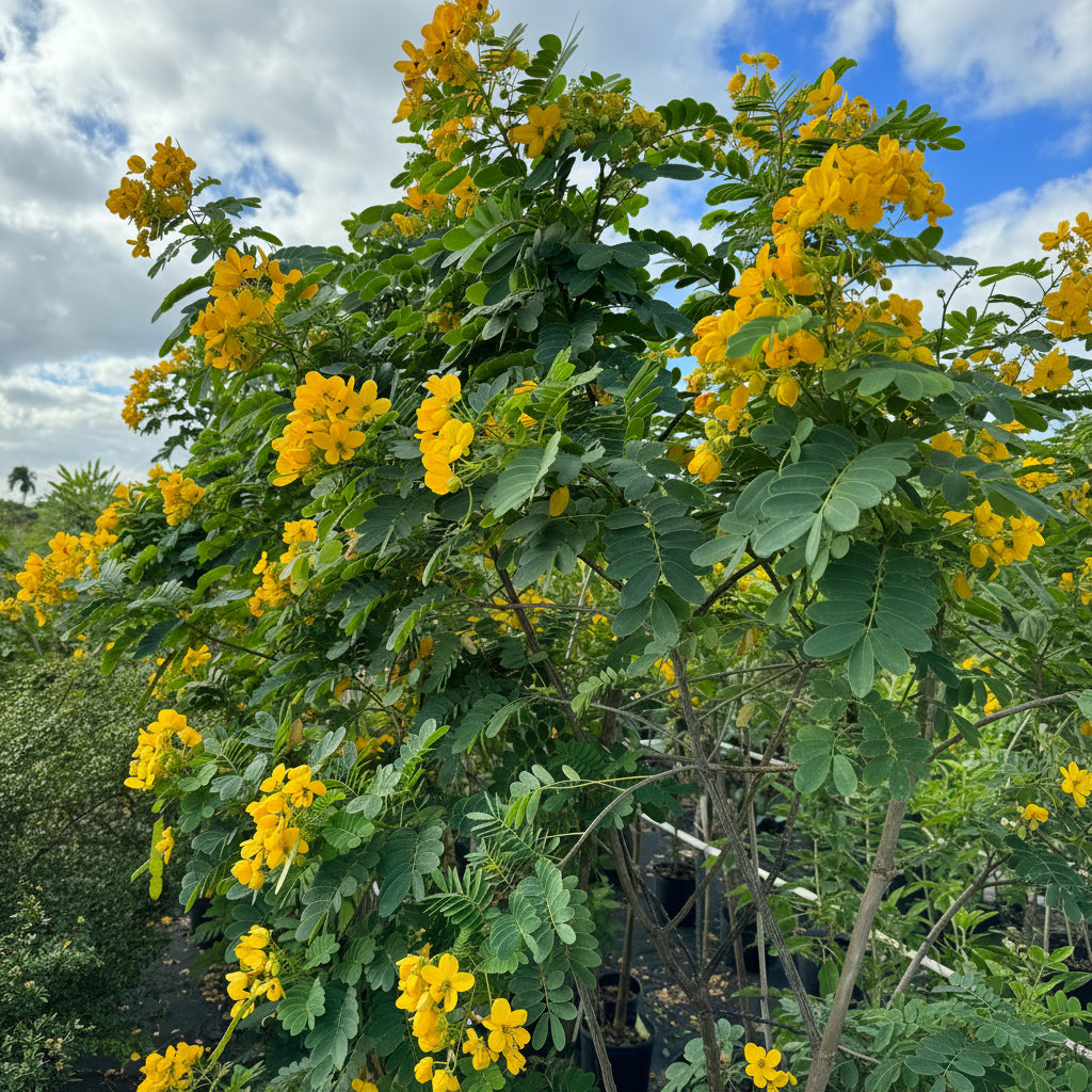 Cassia Senna Fistula Flower Tree close up of flowers and leaves