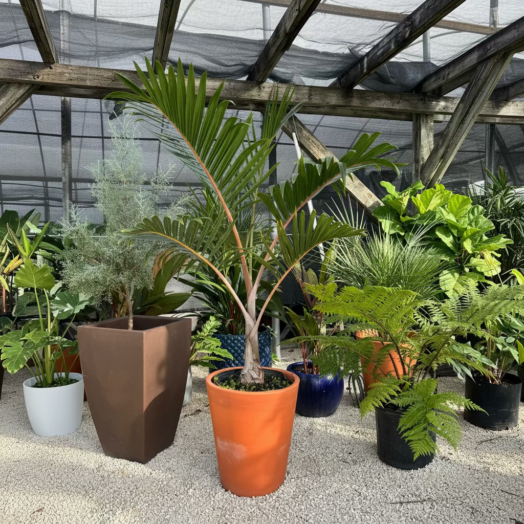 Bottle Palm, Hyophorbe lagenicaulis in a terracotta pot within a sunlit greenhouse setting, featuring its distinctive swollen trunk and arching feather-shaped green fronds, ideal for creating a unique, tropical-inspired oasis in your garden or patio.