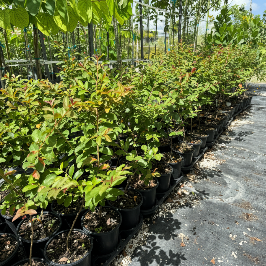 Rows of potted crape myrtle green shrubs or small trees in black nursery pots, arranged along a paved path in a nursery or garden center.