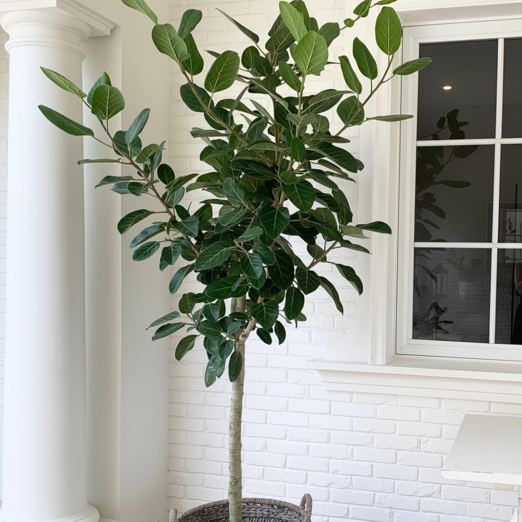 Mature Ficus Banyan Tree Form Single Stem, Ficus Benghalensisis, prominently featuring a clear single trunk and a lush canopy of broad green leaves