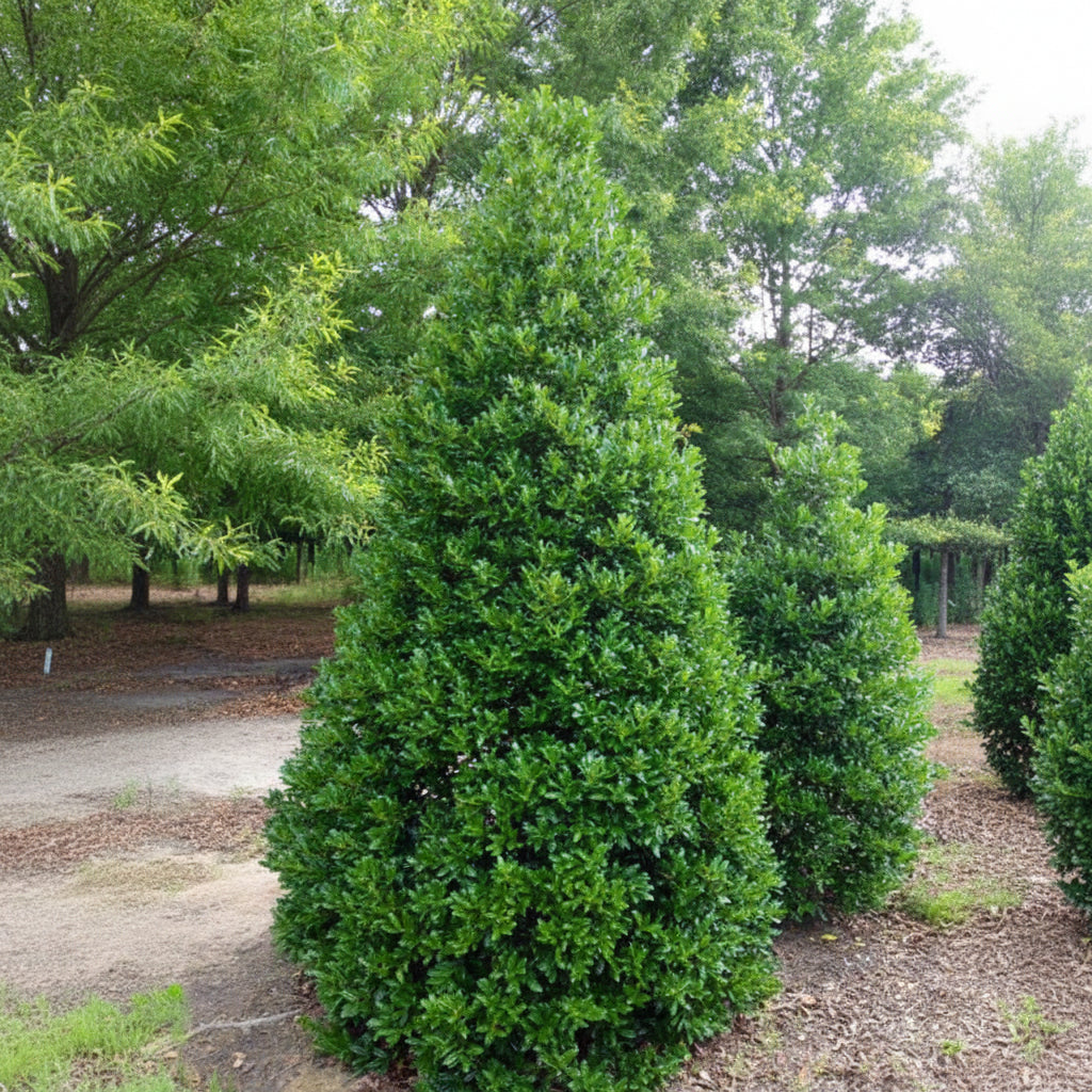 Ilex Nellie Stevens Holly Shrub Fully Grown planted in garden.