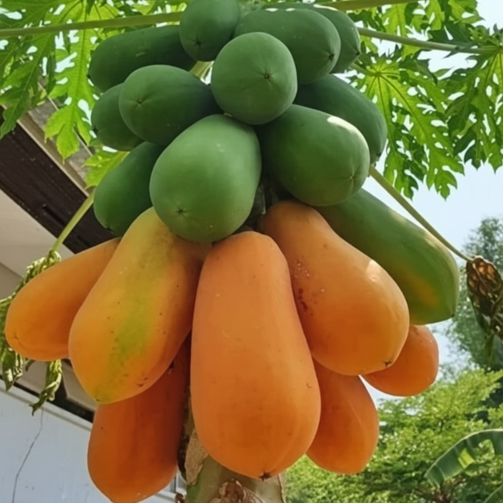 Close-up of ripe Papaya Dwarf TR Hovey, Carica Pawpaw Fruit growing on tree