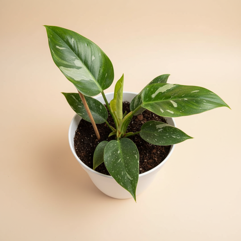 A potted variegated white princess green plant with heart-shaped leaves in a white plastic pot, set against a solid beige background.