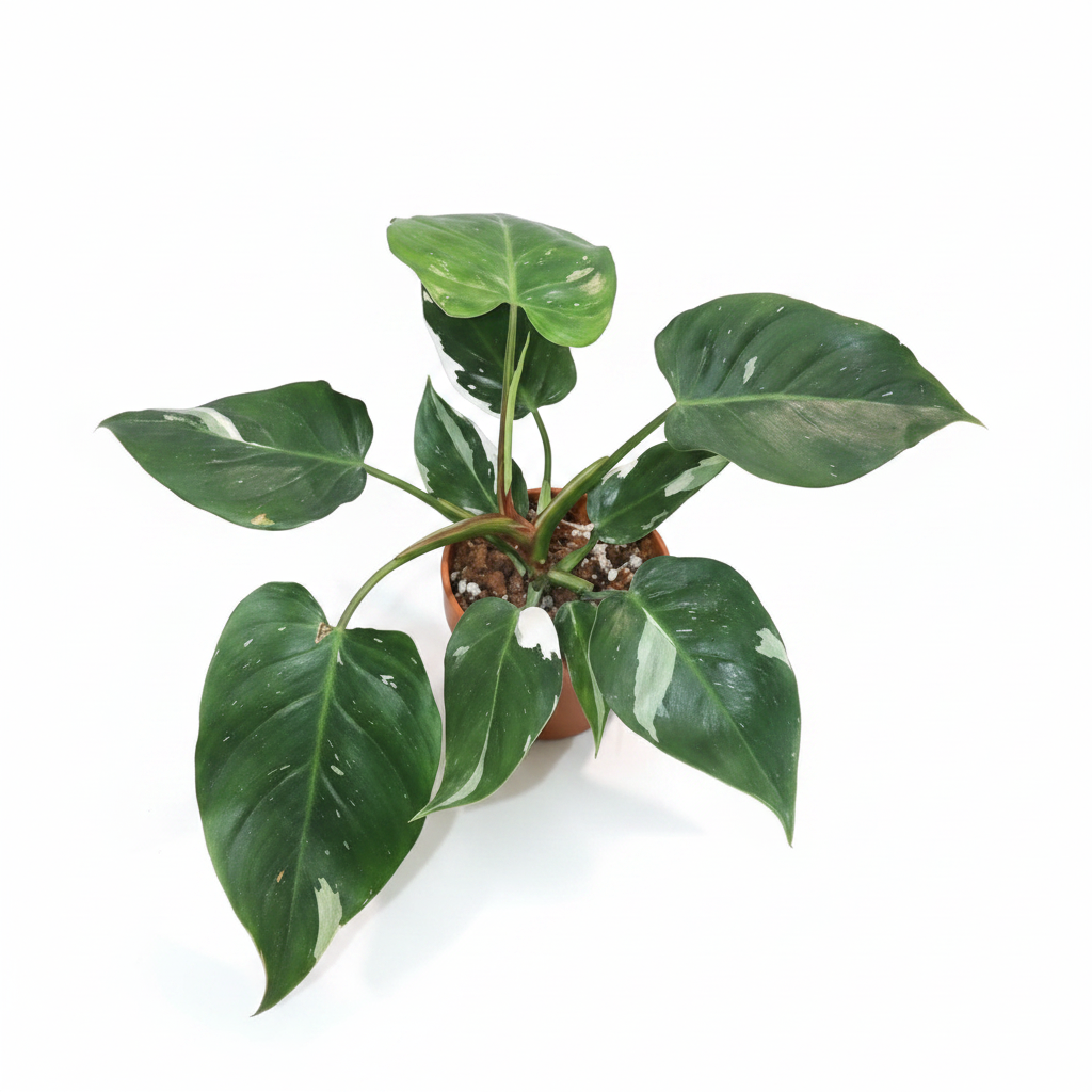 A potted variegated white princess green plant with heart-shaped leaves in a white plastic pot, set against a solid beige background.