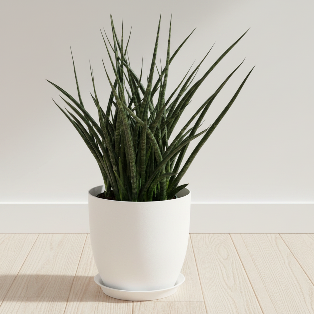A potted snake plant with long, narrow green leaves in a white ceramic pot and saucer, placed on a light wood floor against a white wall.