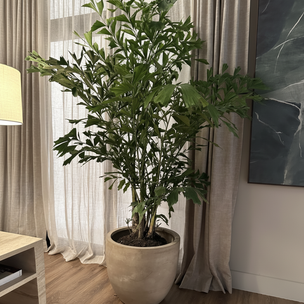 Fishtail palm Large Potted plant in a room with curtains and a painting on the wall