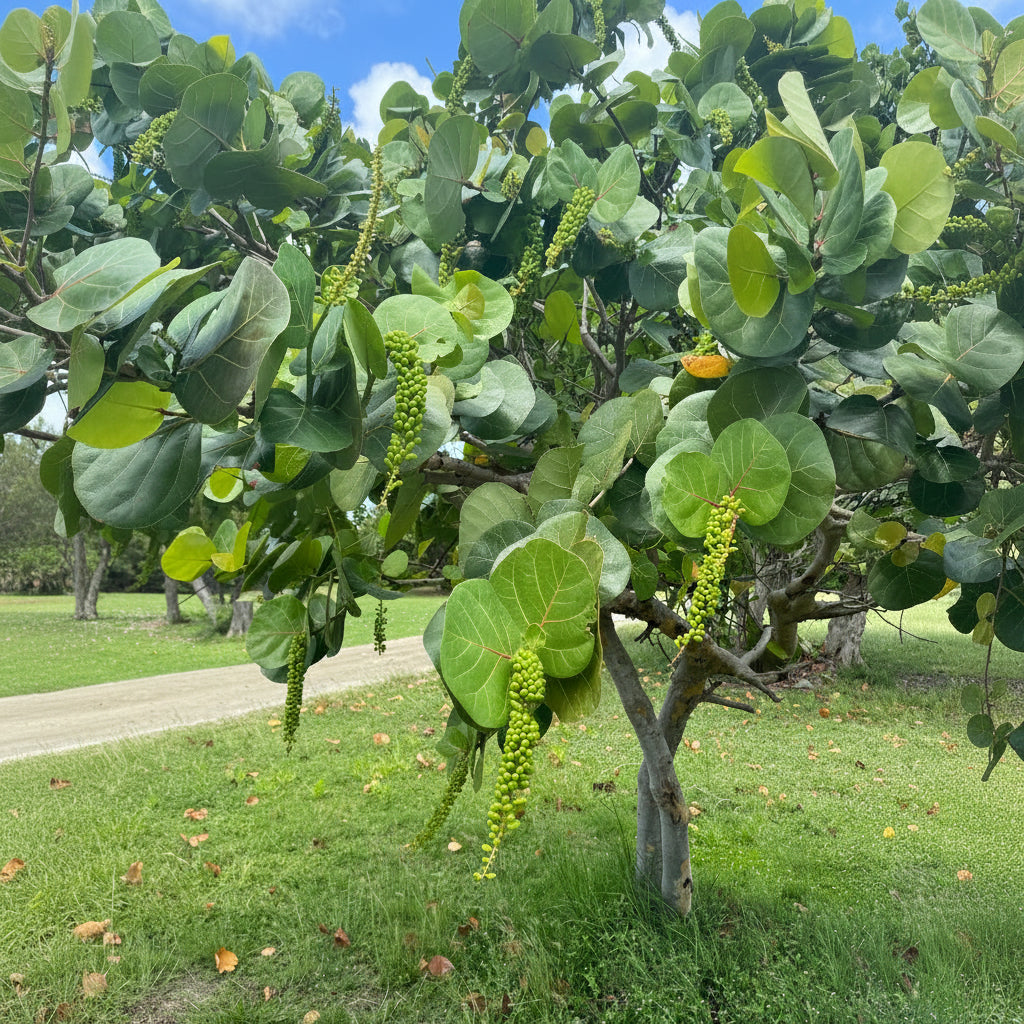 A green leafy tree with hanging clusters of small yellow-green berries, photographed outdoors on grass with a dirt path and blue sky in the background.
