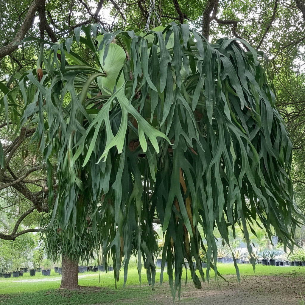 A massive, mature Staghorn Fern growing on a tree trunk, featuring a large, pale green basal frond and exceptionally long, cascading green fronds hanging downwards.