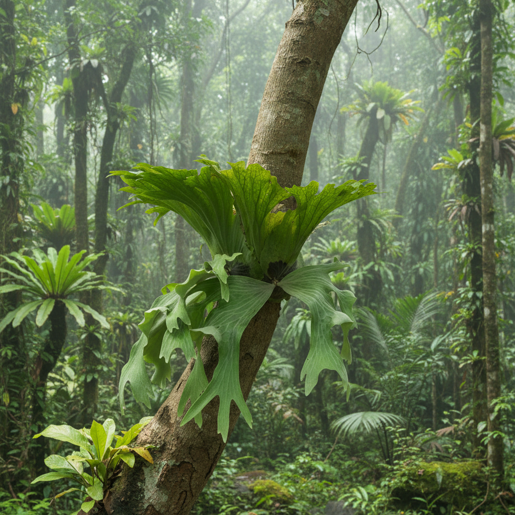Staghorn Fern, Platycerium Grande A lush green staghorn fern growing on a tree trunk in a misty, dense rainforest.