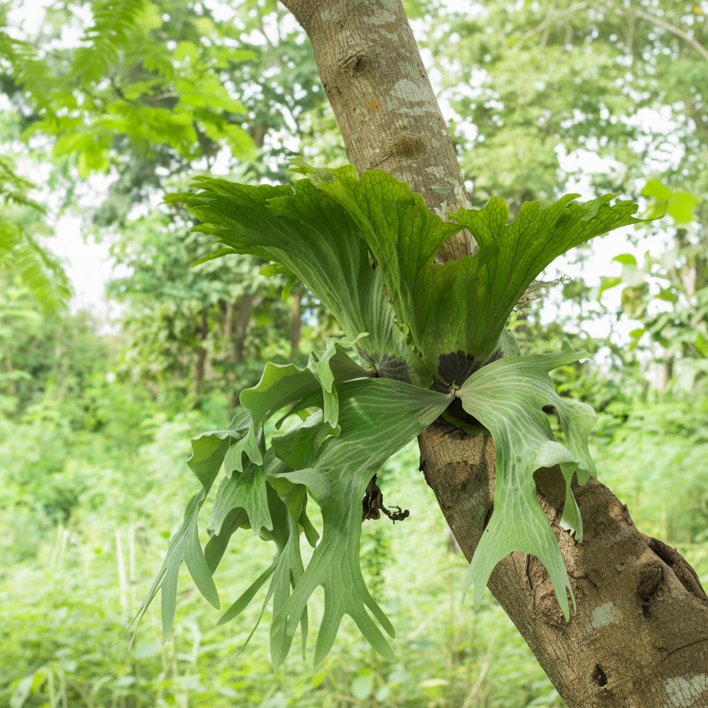 Staghorn Fern, Platycerium Grande A green staghorn plant with large, fan-like lobes growing on a tree trunk in a lush, green outdoor forest setting.