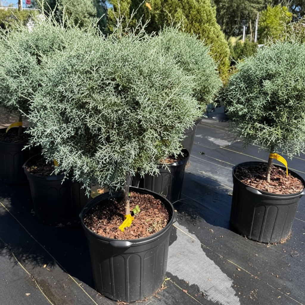Topiary 1-Ball Blue Point Juniper Tree Form Potted tree in a greenhouse setting nursery container 5gal