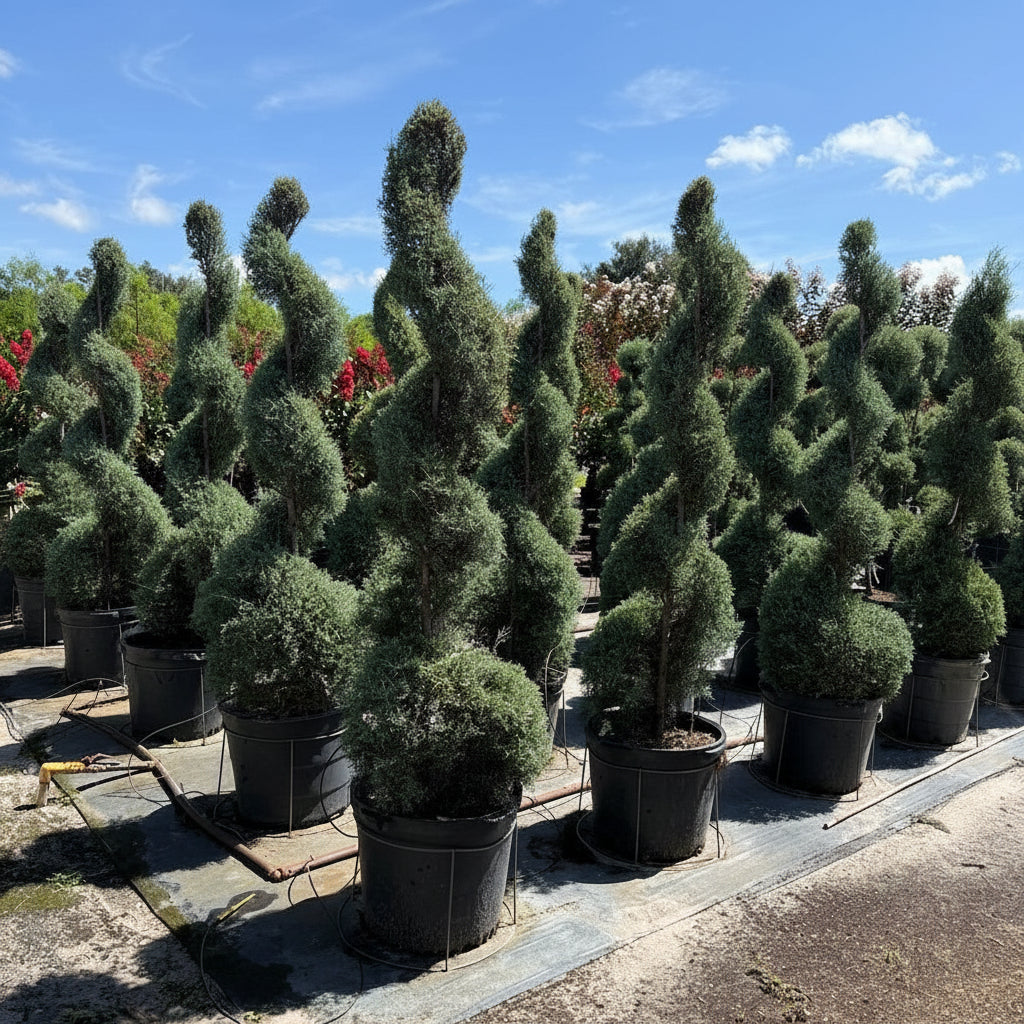 Carolina sapphire blue ice spiral topiary large Several tall, sculpted evergreen shrubs in black plastic pots arranged outdoors in a nursery or plant lot under a blue sky.